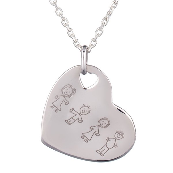 Pendentif coeur argent avec un dessin d'enfant gravé